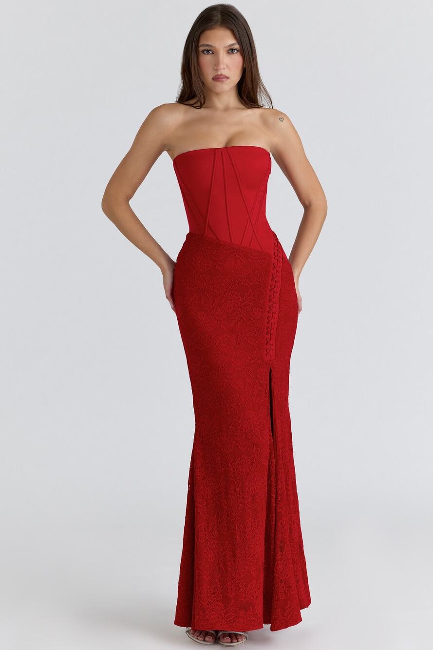HOUSE OF CB ' Valerie ' Red Satin Lace Strapless Maxi Dress